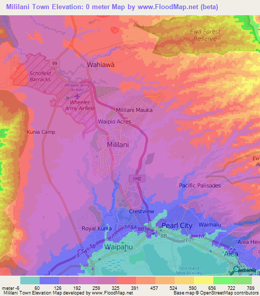 Mililani Town,US Elevation Map