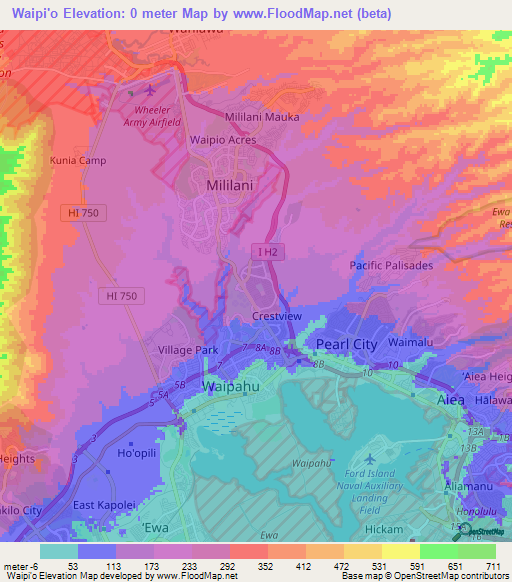 Waipi'o,US Elevation Map