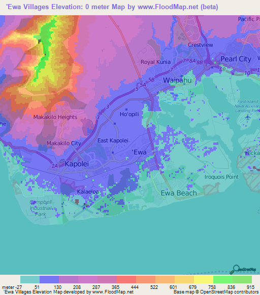 'Ewa Villages,US Elevation Map