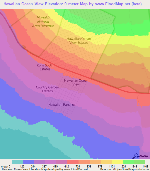 Hawaiian Ocean View,US Elevation Map