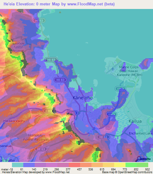 He'eia,US Elevation Map