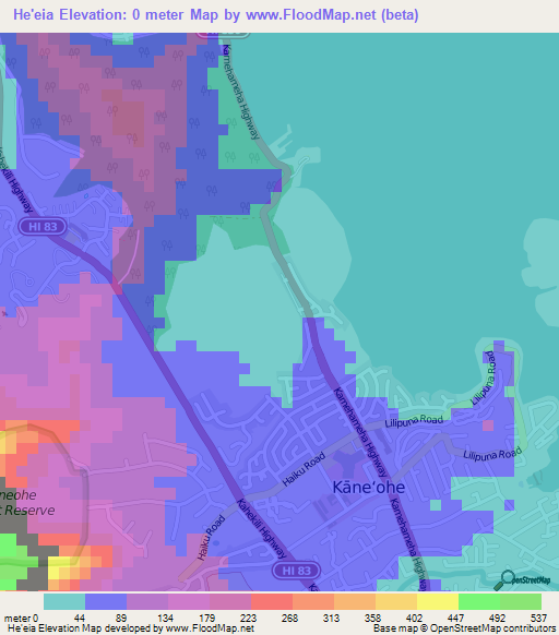 He'eia,US Elevation Map