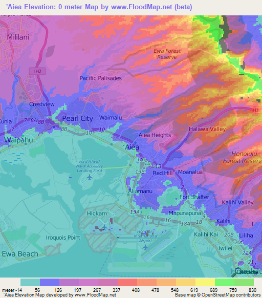 'Aiea,US Elevation Map