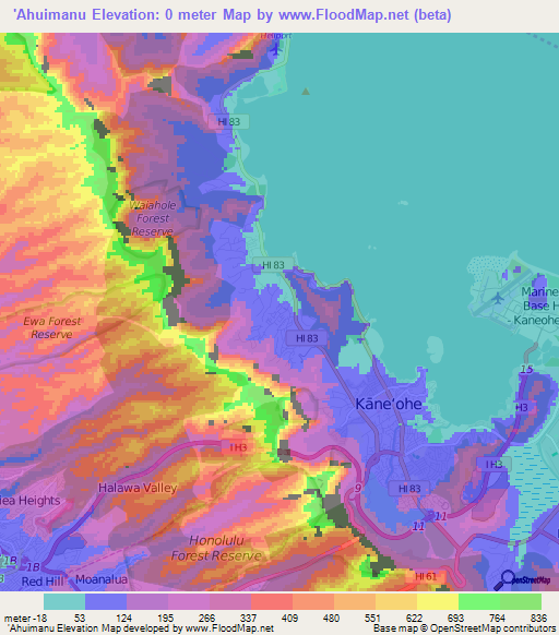 'Ahuimanu,US Elevation Map