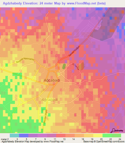 Agdzhabedy,Azerbaijan Elevation Map
