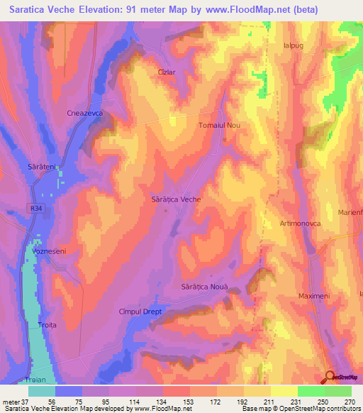 Saratica Veche,Moldova Elevation Map