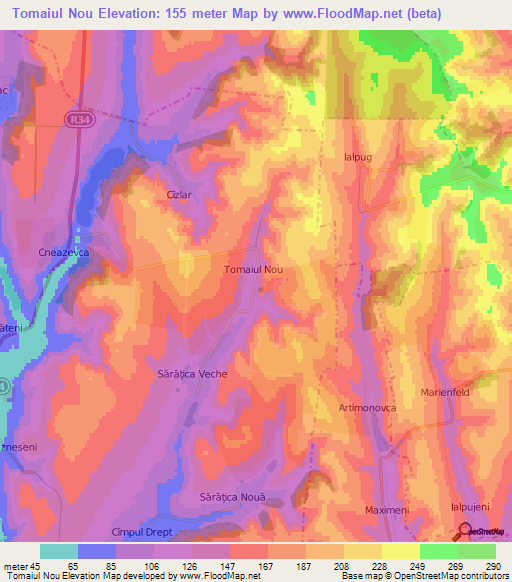 Tomaiul Nou,Moldova Elevation Map