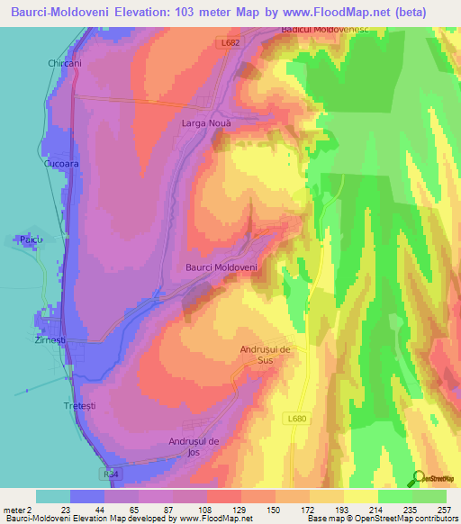 Baurci-Moldoveni,Moldova Elevation Map