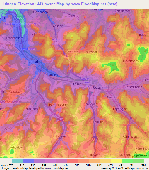 Itingen,Switzerland Elevation Map