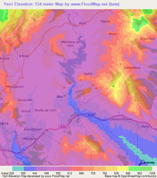 Yerri,Spain Elevation Map