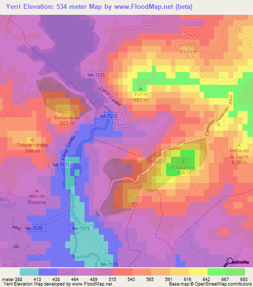 Yerri,Spain Elevation Map