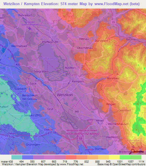 Wetzikon / Kempten,Switzerland Elevation Map