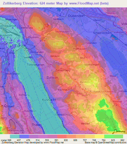 Zollikerberg,Switzerland Elevation Map