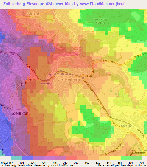 Zollikerberg,Switzerland Elevation Map