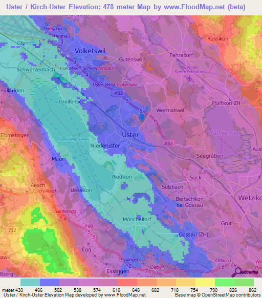 Uster / Kirch-Uster,Switzerland Elevation Map