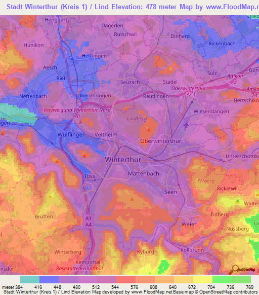 Stadt Winterthur (Kreis 1) / Lind,Switzerland Elevation Map