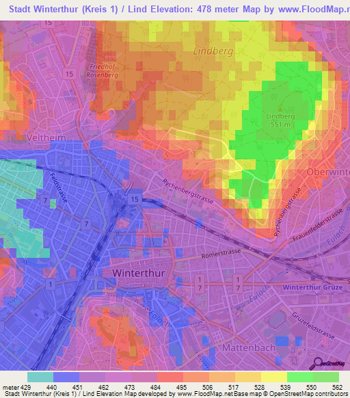 Stadt Winterthur (Kreis 1) / Lind,Switzerland Elevation Map