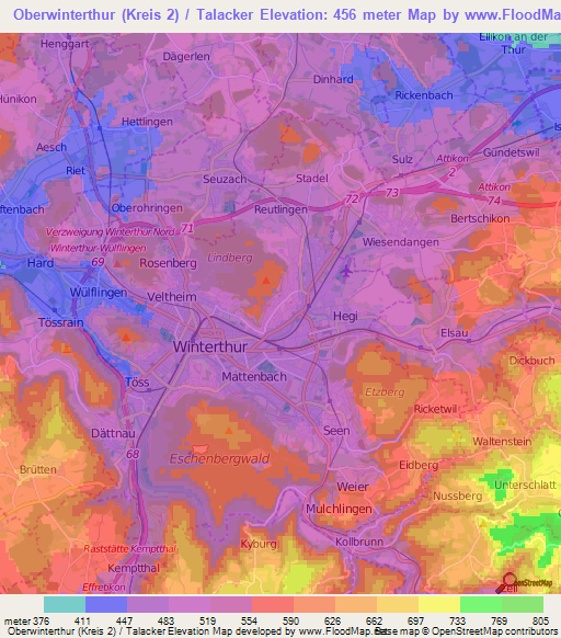 Oberwinterthur (Kreis 2) / Talacker,Switzerland Elevation Map