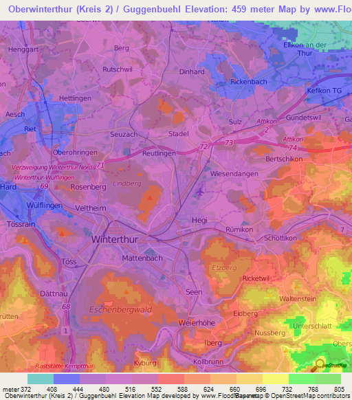 Oberwinterthur (Kreis 2) / Guggenbuehl,Switzerland Elevation Map