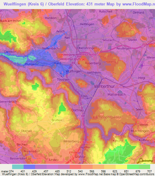 Wuelflingen (Kreis 6) / Oberfeld,Switzerland Elevation Map