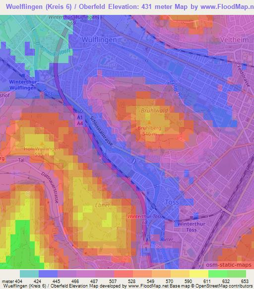 Wuelflingen (Kreis 6) / Oberfeld,Switzerland Elevation Map