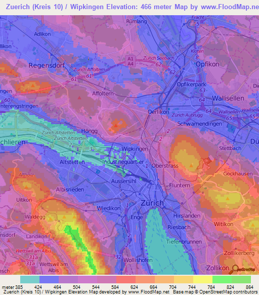 Zuerich (Kreis 10) / Wipkingen,Switzerland Elevation Map