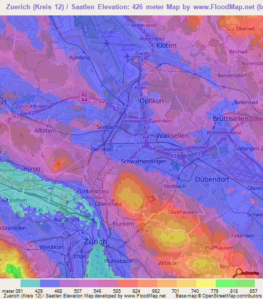 Zuerich (Kreis 12) / Saatlen,Switzerland Elevation Map