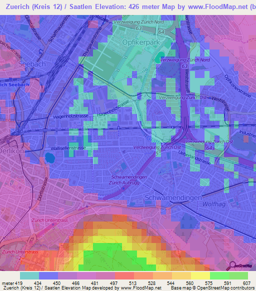 Zuerich (Kreis 12) / Saatlen,Switzerland Elevation Map