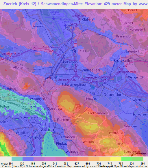 Zuerich (Kreis 12) / Schwamendingen-Mitte,Switzerland Elevation Map