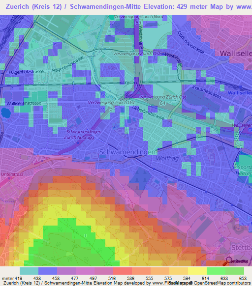 Zuerich (Kreis 12) / Schwamendingen-Mitte,Switzerland Elevation Map