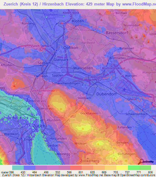 Zuerich (Kreis 12) / Hirzenbach,Switzerland Elevation Map