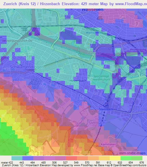 Zuerich (Kreis 12) / Hirzenbach,Switzerland Elevation Map