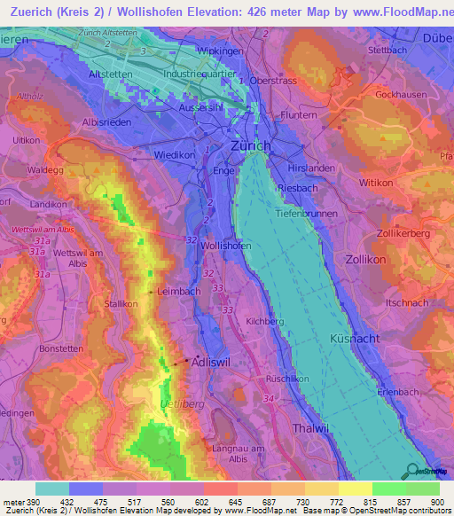 Zuerich (Kreis 2) / Wollishofen,Switzerland Elevation Map