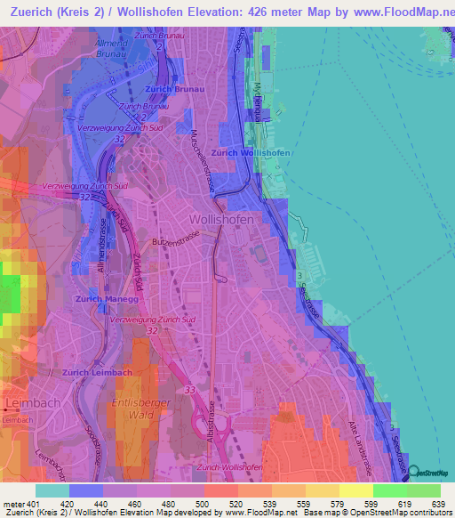 Zuerich (Kreis 2) / Wollishofen,Switzerland Elevation Map
