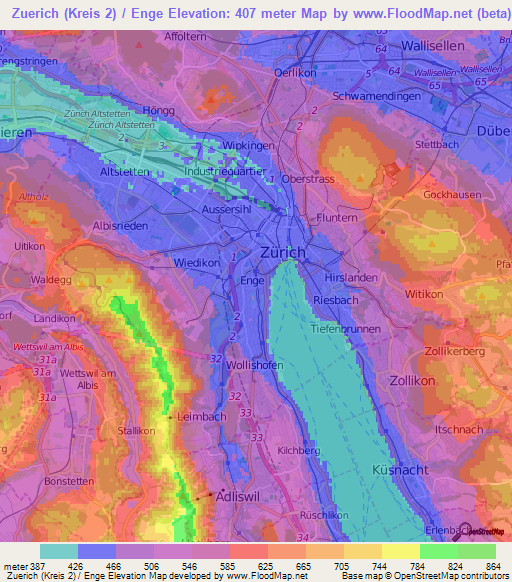 Zuerich (Kreis 2) / Enge,Switzerland Elevation Map