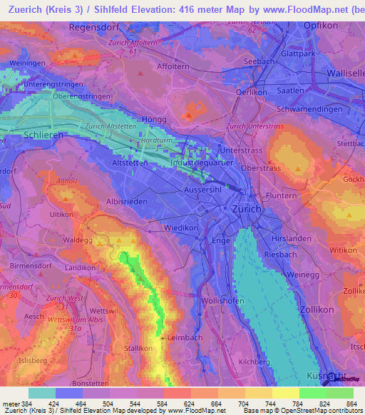 Zuerich (Kreis 3) / Sihlfeld,Switzerland Elevation Map