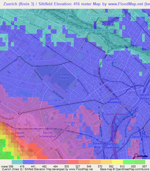 Zuerich (Kreis 3) / Sihlfeld,Switzerland Elevation Map