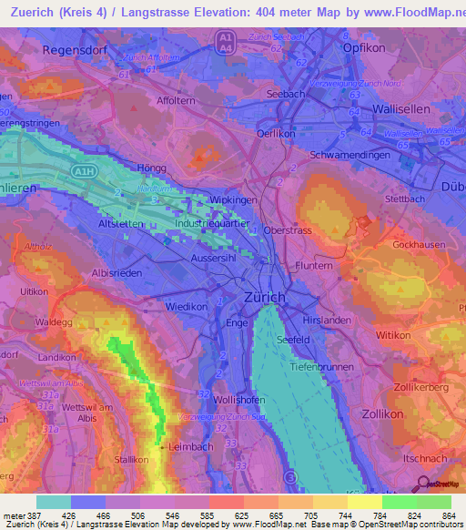 Zuerich (Kreis 4) / Langstrasse,Switzerland Elevation Map