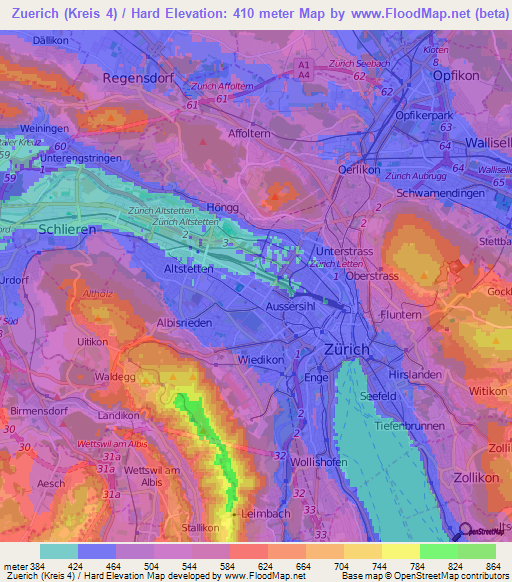 Zuerich (Kreis 4) / Hard,Switzerland Elevation Map