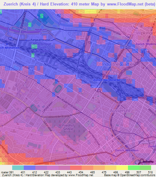 Zuerich (Kreis 4) / Hard,Switzerland Elevation Map