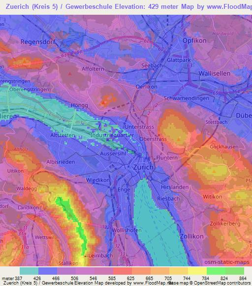 Zuerich (Kreis 5) / Gewerbeschule,Switzerland Elevation Map