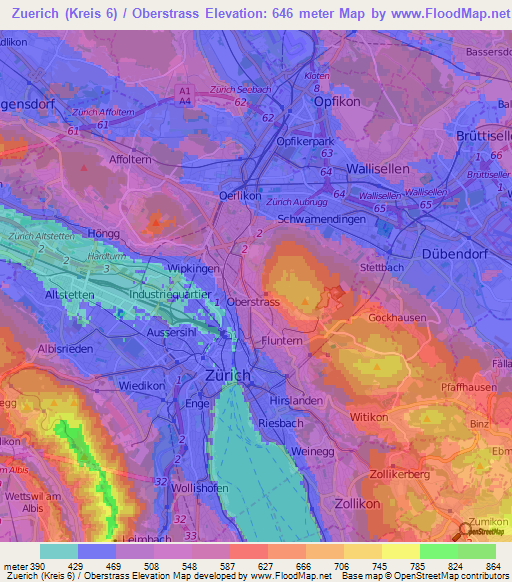 Zuerich (Kreis 6) / Oberstrass,Switzerland Elevation Map