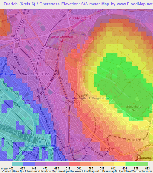 Zuerich (Kreis 6) / Oberstrass,Switzerland Elevation Map