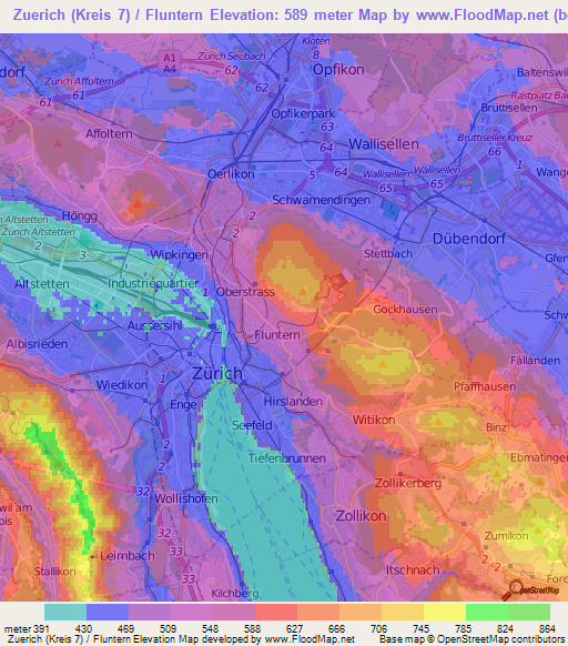 Zuerich (Kreis 7) / Fluntern,Switzerland Elevation Map