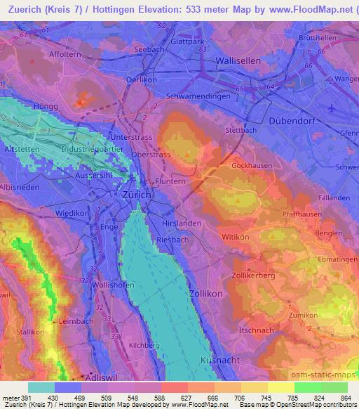 Zuerich (Kreis 7) / Hottingen,Switzerland Elevation Map