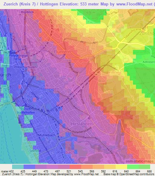 Zuerich (Kreis 7) / Hottingen,Switzerland Elevation Map