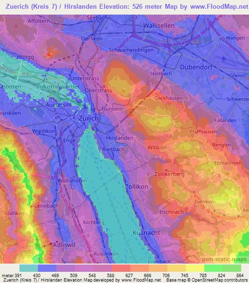 Zuerich (Kreis 7) / Hirslanden,Switzerland Elevation Map