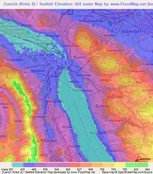 Zuerich (Kreis 8) / Seefeld,Switzerland Elevation Map