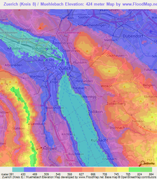 Zuerich (Kreis 8) / Muehlebach,Switzerland Elevation Map