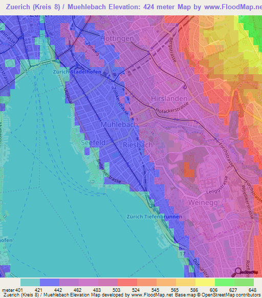 Zuerich (Kreis 8) / Muehlebach,Switzerland Elevation Map